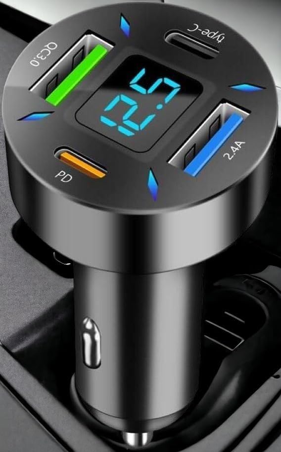 66W Car Charger, 4-Port Cigarette Lighter USB Charger, 2 * USB 2.4 + PD + Type C Adapter with Voltmeter, Compatible