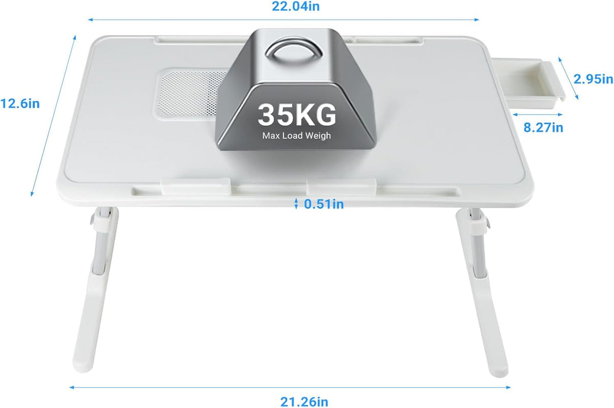 Laptop Lap Desk with Cooling Fan - Adjustable with Light, USB, Storage Drawer - Folding Bed Desk,22.04"*12.59",White