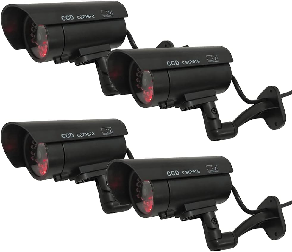 Dummy Security Camera Bullet Fake CCTV System, 4 Pack Indoor Outdoor with Realistic Flashing Lights and Warning Stickers