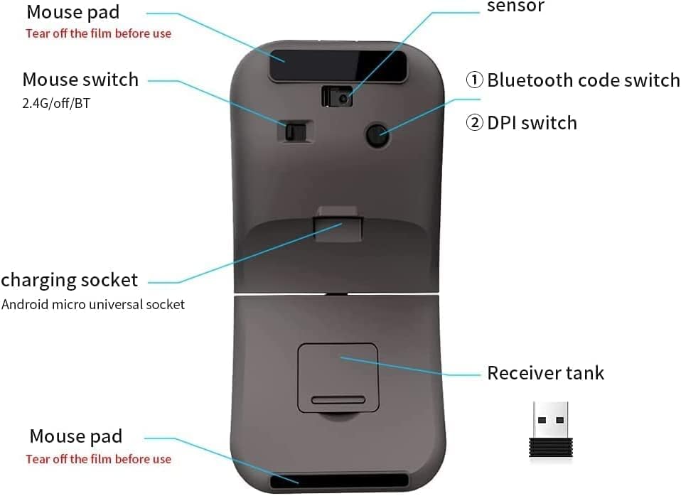 Foldable Arc Wireless Mouse with USB Receiver, Bluetooth 2.4GHz Dual-Mode, Silent Click, Portable Curved Mouse for PC