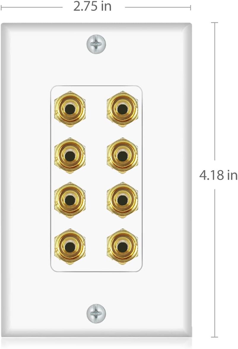 Banana Binding Post Two-Piece Coupler Inset Wall Plate for 4 Speakers, Standard Single Gang White
