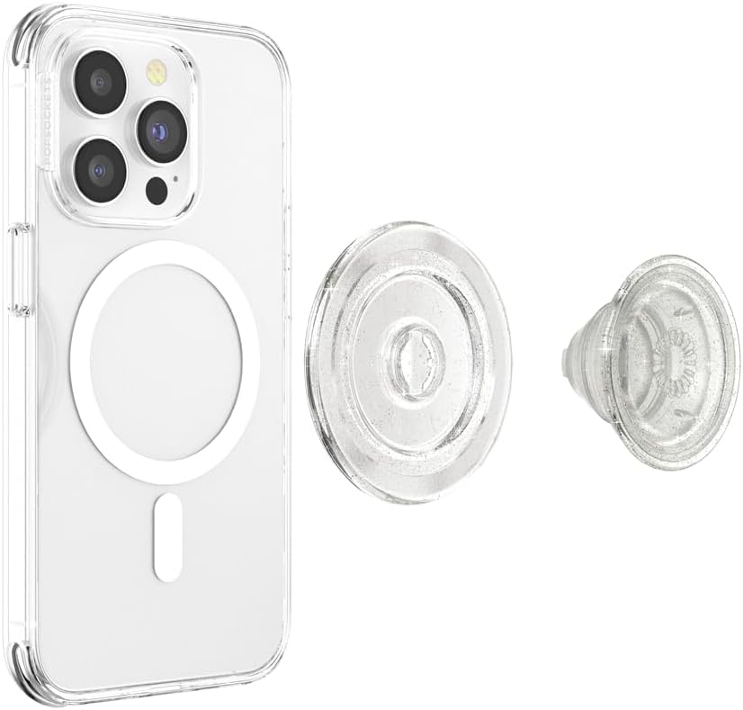 PopSockets Round Phone Grip Compatible with MagSafe, Adapter Ring Included - Clear Glitter, Wireless Charging Compatible