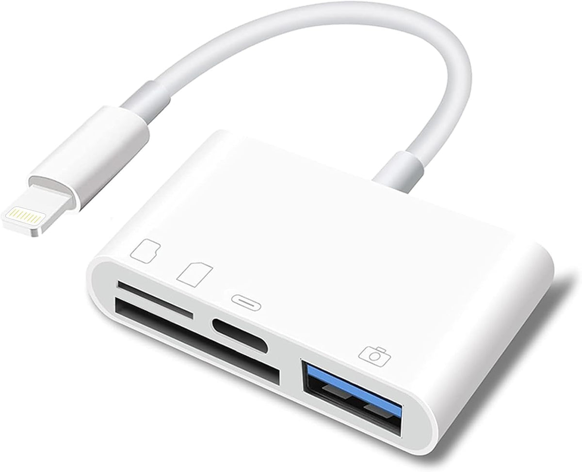 SD Card Reader for iPhone, Lightning to 4 in 1 USB Camera Adapter, Compatible with iPad with Charging Port