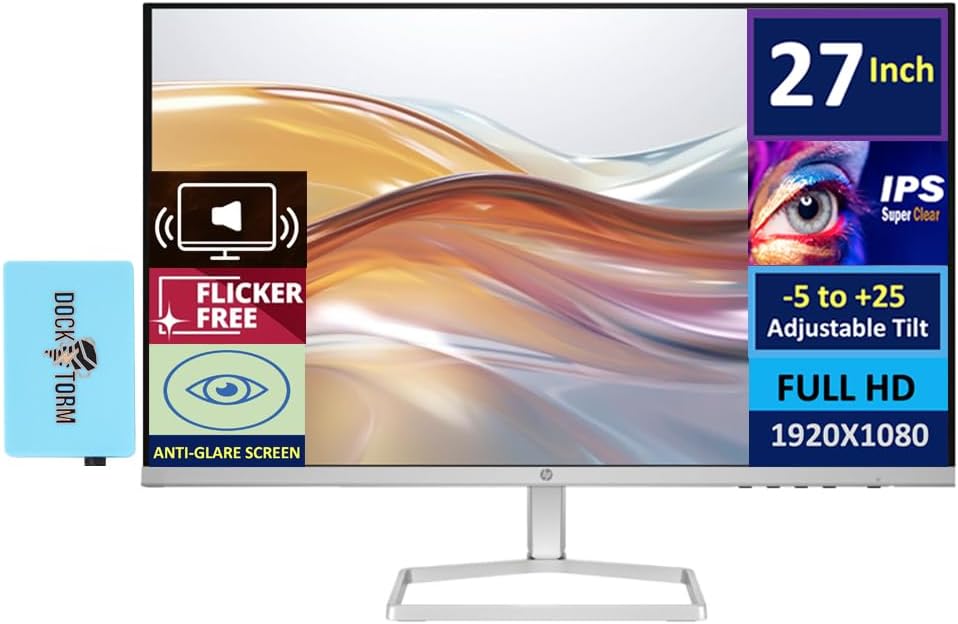 HP Series 5 527sa Monitor with Speakers (Replaces M27fwa) 27" 100Hz IPS FHD 99% sRGB 300 Nits Display, Adjustable Tilt, Flicker-Free, Anti-Glare, White/Silver w/DKZ USB Port Expander