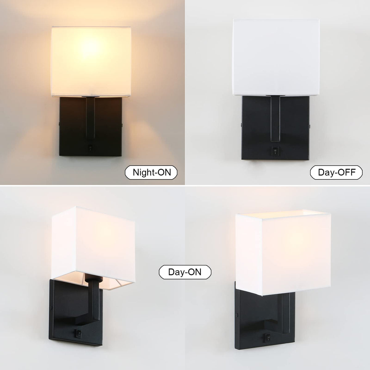 PERMO Single Wall Sconce Black Finish Light Fixture with White Textile Shades and On/Off Switch Button Small Modern Nightstand Lamps for Bedrooms
