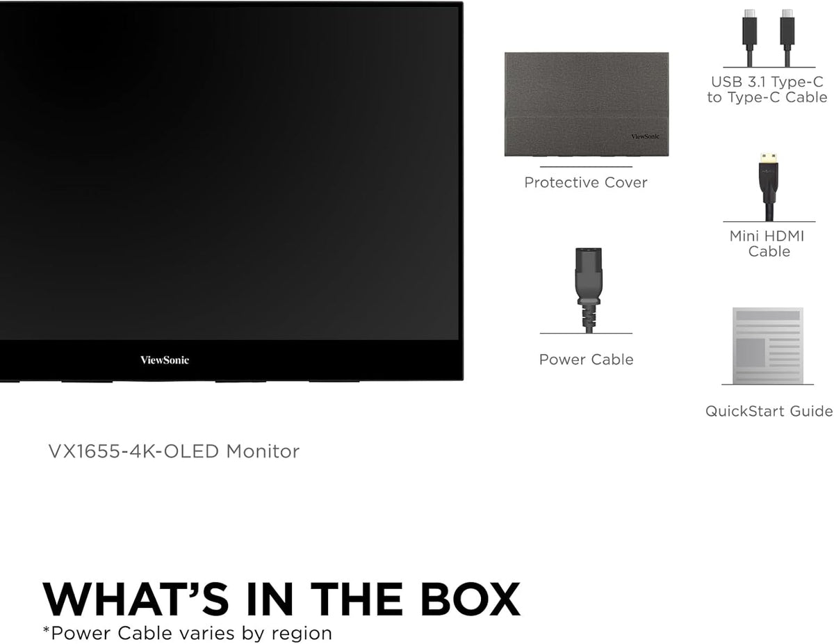 ViewSonic VX1655-4K-OLED 15.6 Inch 4K UHD Portable OLED Monitor with 2 Way Powered 60W USB C, Mini HDMI, Dual Speakers, and Built-in Stand with Magnetic Cover