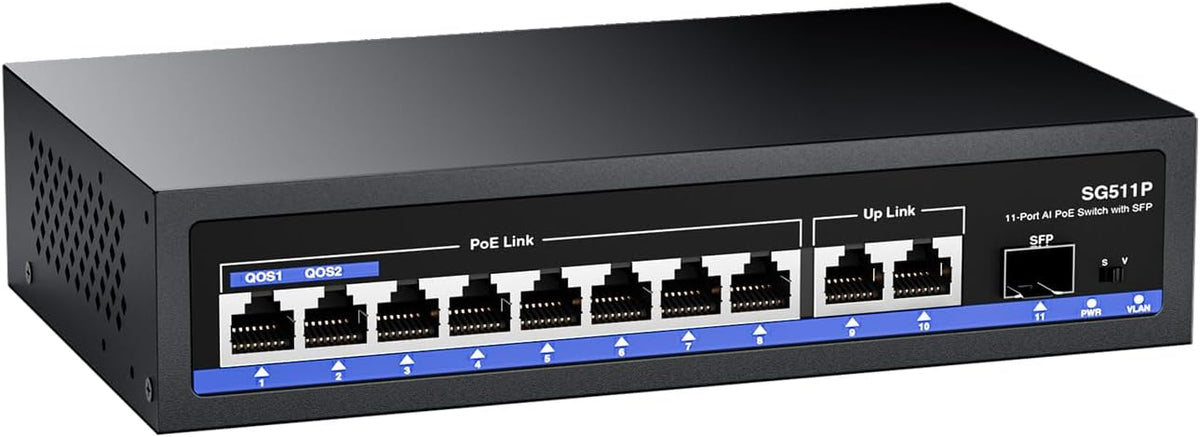 11-Port PoE Gigabit Switch, 8 PoE+ Port, 2 Gigabit Uplink, 1 SFP Port, 120W AI Detection, Qos, Fanless Metal Plug & Play Unmanaged Network Switch