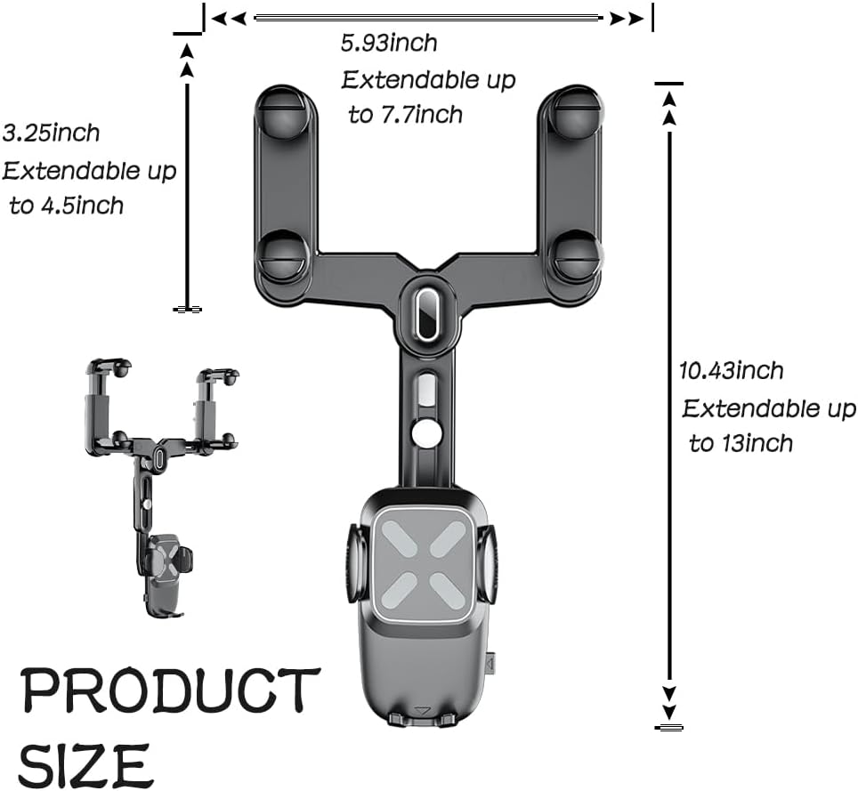 Rear View Mirror Phone Holder, 360° Rotatable + Retractable Universal Multifunctional Phone Mount for All Cars
