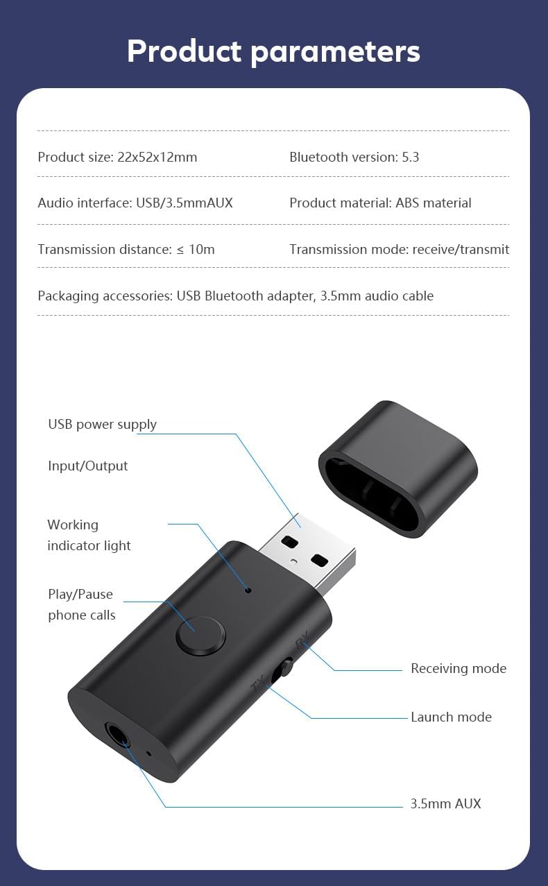 Bluetooth 5.3 Transmitter Receiver, 3.5mm Aux Wireless USB Adapter for TV, PC, Home/Car Stereo, Low Latency, Built-in