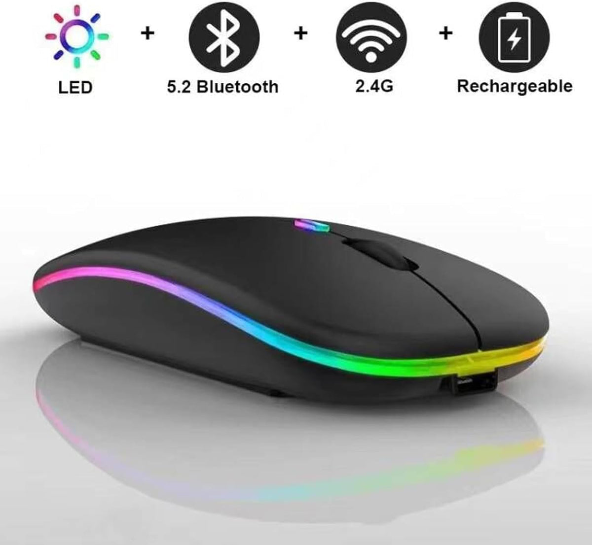 Wireless Bluetooth Mouse, LED Dual Mode Rechargeable Silent Slim Laptop Mouse, Portable (BT5.2 + USB Receiver) Black