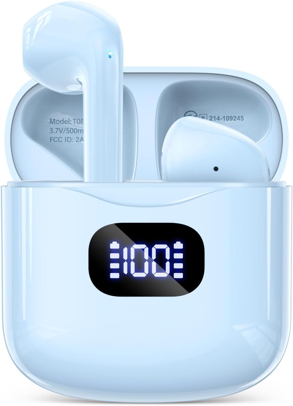 Wireless Earbuds Bluetooth 5.3 Headphones, 40Hrs Playback Stereo Ear Buds with LED Display Charging Case IPX7 Waterproof in-Ear Earphones with Mic for Phone Tablet Laptop Sports, Blue