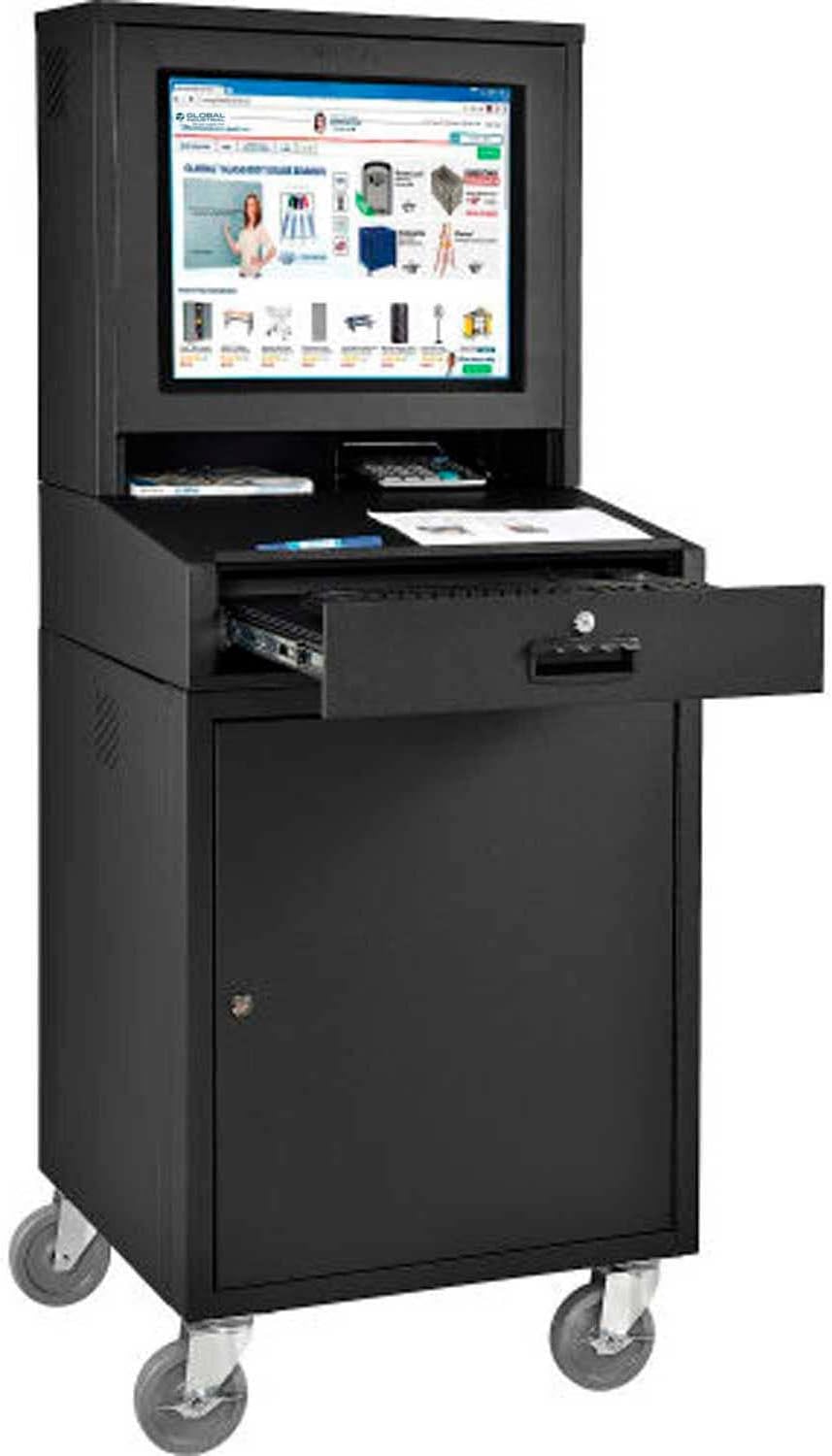 Global Industrial Mobile Security LCD Computer Cabinet Enclosure for 24" Diagonal Monitors, Steel Construction, Black Powder Coat Finish, 24-1/2"W x 22-1/2"D x 62-3/4"H