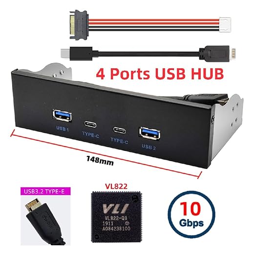 Cablecc 4-Port Internal USB 3.1 Gen 2 Front Panel Hub(2X Type-A + 2X Type-C) for 5.25 Bay Connects to Motherboard Type-E Header