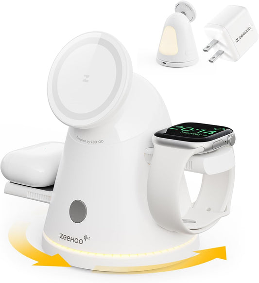 ZEEHOO 4 in 1 Wireless Charging Station for Apple,Mag-Safe Charger&Dimmable Light,Qi2 15W Rotating Fast Wireless Charger for iPhone 16,15,14,13,12&Pixel 10&iWatch&Samsung Watch&AirPods(30W Adapter)