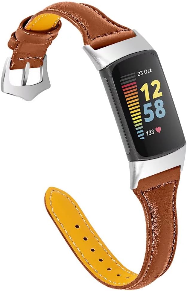 Genuine Leather Bracelet Sport Bands Compatible for Fitbit Charge 5, Replacement Wristband for Fitness Tracker