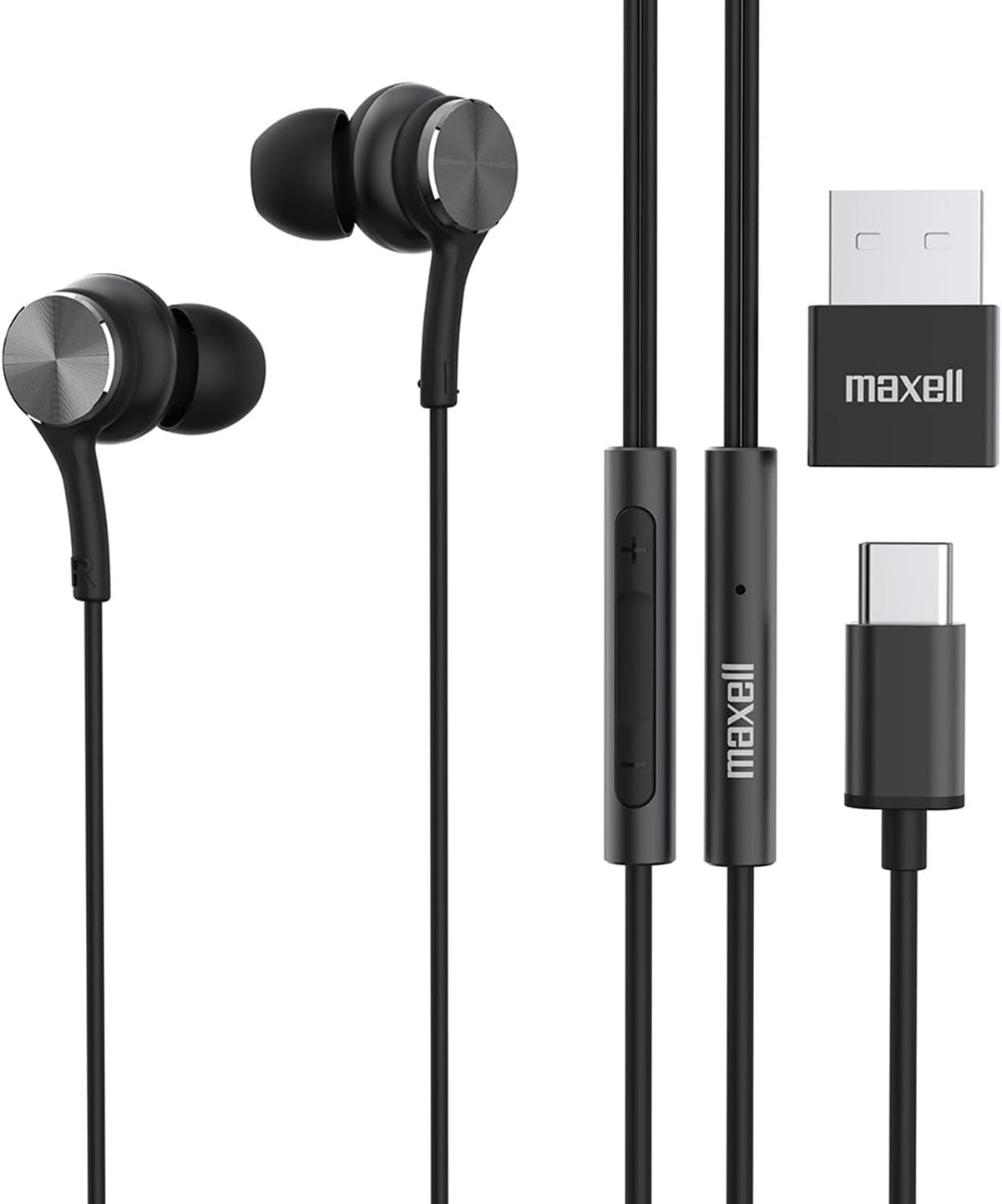 Immersive Chipset, 197299 Maxell USB-C Wired Earbuds with USB-A Adapter, Built-in Microphone with Volume and Track