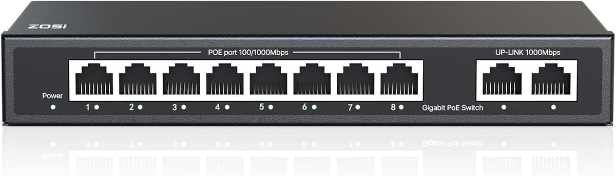 ZOSI 8 Port Gigabit PoE Switch with 2 Gigabit Uplink Port, 96W for 8 PoE+ Ports, IEEE802.3af/at, Unmanaged Ethernet Switch, Plug & Play, Sturdy Metal Casing, Desktop/Wall-Mount
