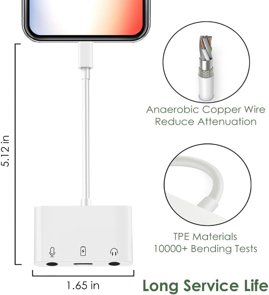 Microphone & 3.5mm Headphone Adapter for iPhone Microphone Adapter for Live-Streaming with Charging Port Lighting to Audio & MIC Adapter Compatible with iPhone/iPad