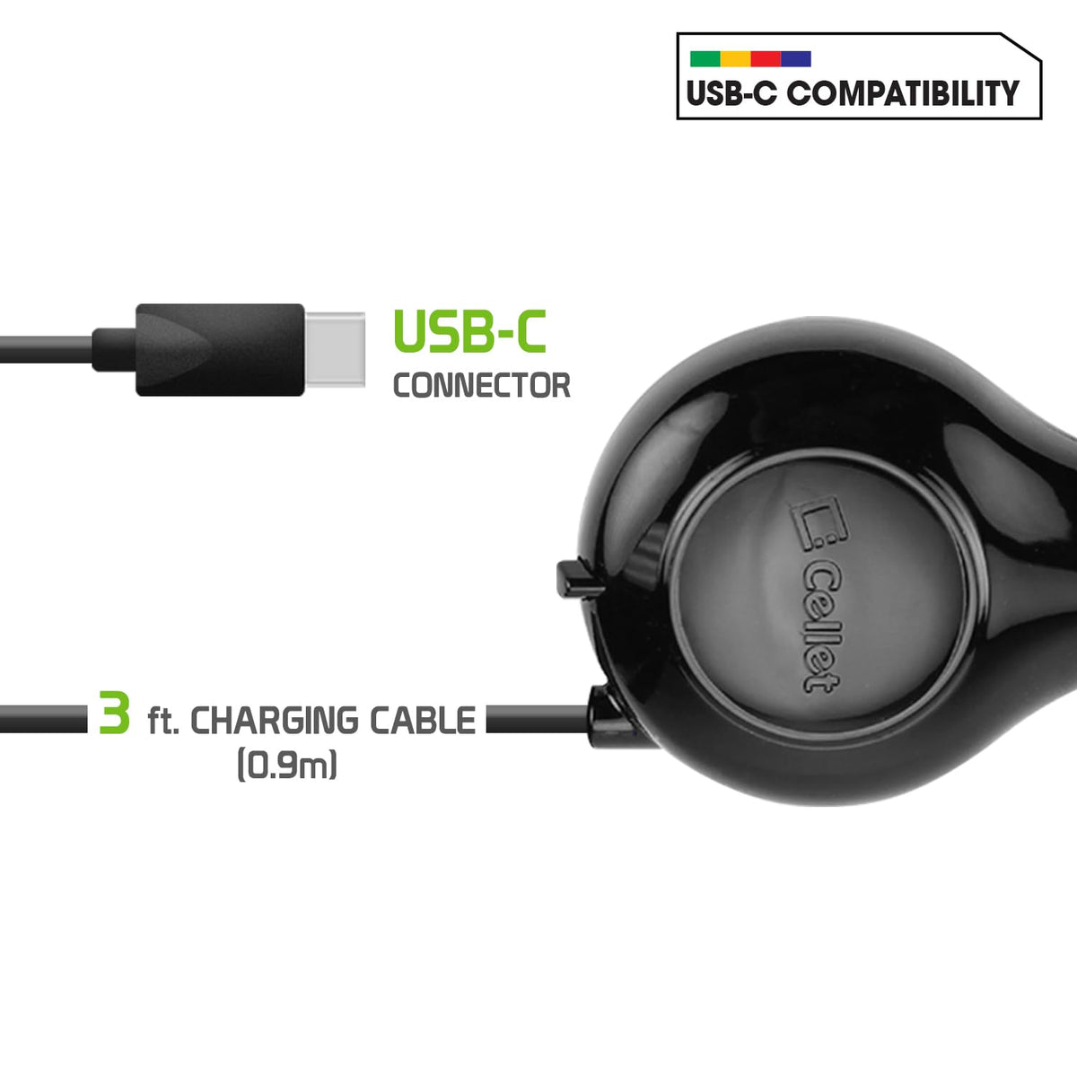 Cellet Retractable USB-C Car Charger - 15W Fast Charging, 3.3ft Cable, 3A Output, Blue LED Indicator - Compatible with Apple iPhone 15/16 Series