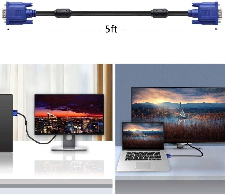 PASOW VGA to VGA Monitor Cable HD15 Male to Male for TV Computer Projector (5 Feet)