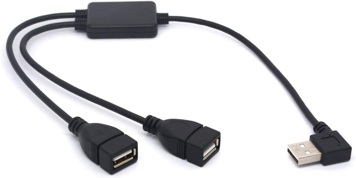 Left Angled USB Splitter Cable, 90 Deg USB 2.0 A Male to Dual Female Data Charging Adapter Cord