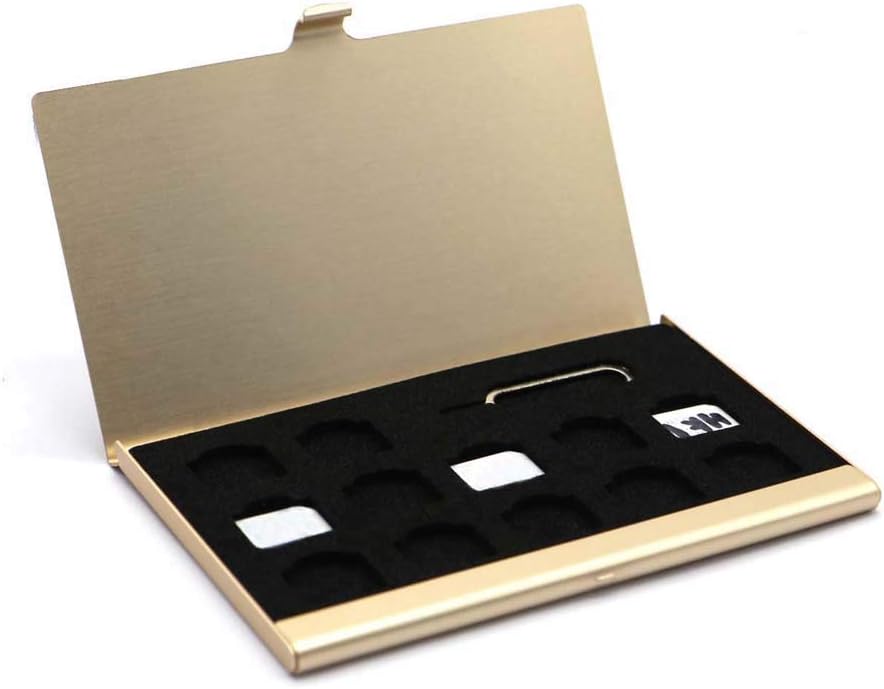Aluminum SIM Card Case, Universal Waterproof Slim Mini Storage Case with 12 Nano SIM Card Slots, Gold