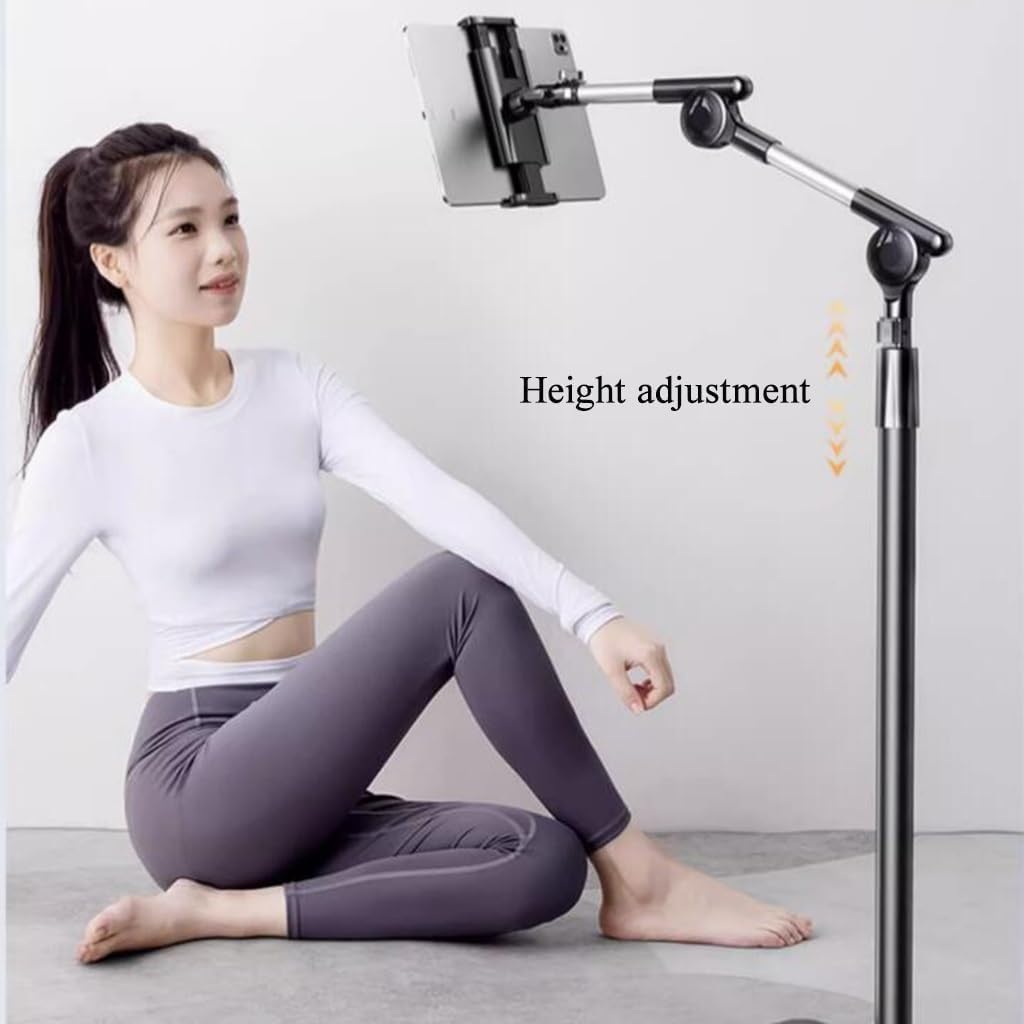 Tablet Floor Stand Holder, 360 Degree Rotating with Height Adjustable Stand Compatible with 4.7"-13" Phone/Tablet, Kindle, 63" Phone Stand, Aluminum Alloy, for Bed,Sofa,Desk.Black