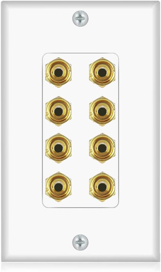 Banana Binding Post Two-Piece Coupler Inset Wall Plate for 4 Speakers, Standard Single Gang White