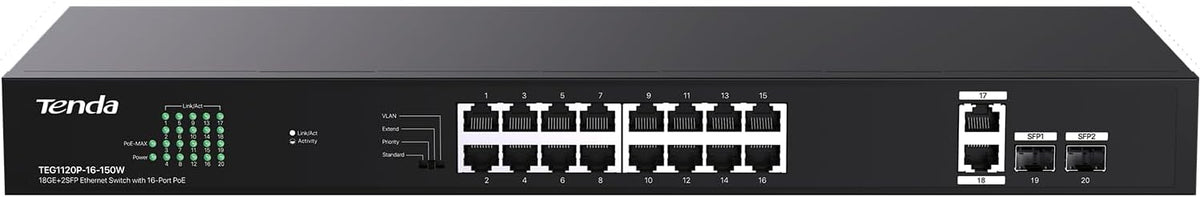 Tenda TEG1120P 16 Port 150W PoE Switch, Compatible with IEEE 802.3af/at Devices, Unmanaged Gigabit Switch with 16 Port PoE+@135W, 2 Uplink RJ45 Ports & 2 SFP Ports, Rack Mountable