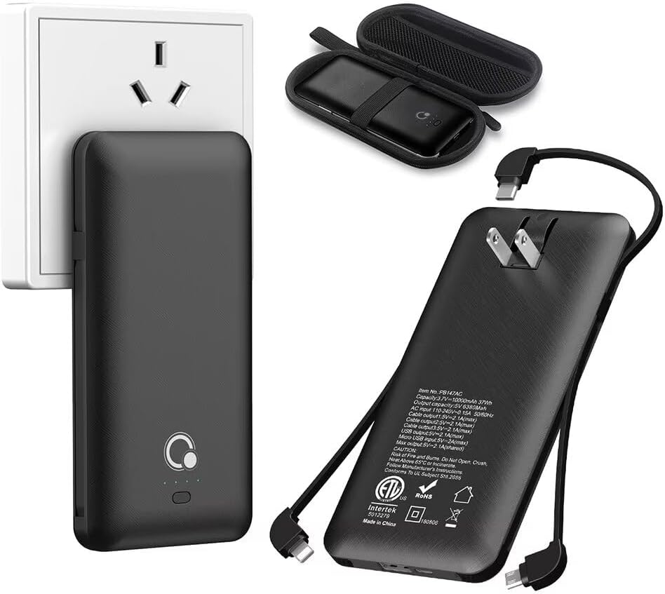 Q 10000mAh Power Bank, Slim Portable Charger,4 Output External Battery Pack with Built-in AC Wall Plug Micro USB C 3 Cables Compatible with iPhone Samsung Android Phone Tablet and More