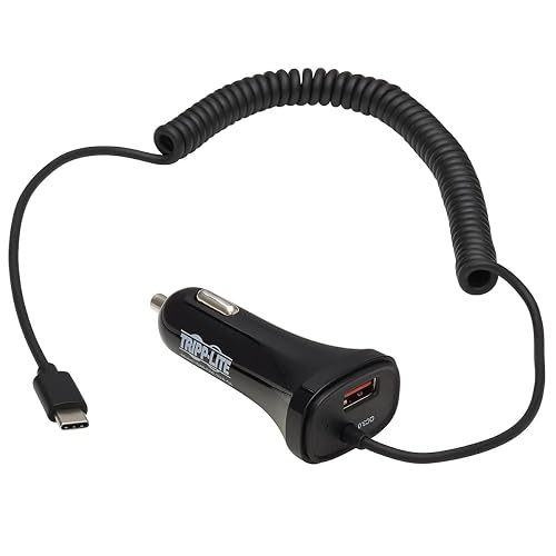 Tripp Lite USB Dual Port Car Charger, USB-C 18W QC 3.0 and USB-A 12W Dual Port USB Car Charger, Coiled USB Charging Cable, Black (U280-C02-30W-C6)