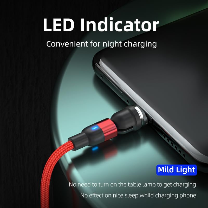 Magnetic Charging Cable 2-Pack 540° Rotating Magnetic Phone Charger Cable with LED Light for Micro USB, USB C -