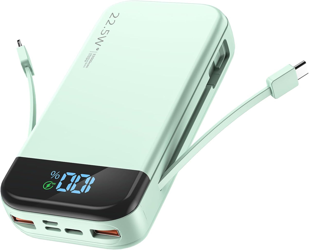 Portable Charger 32000mAh, 22.5W QC 3.0 PD 20W Smart LED Display Fast Charging Built in Cables Power Bank, External Battery Pack Charge 5 Devices Compatible with Cellphones (Green)