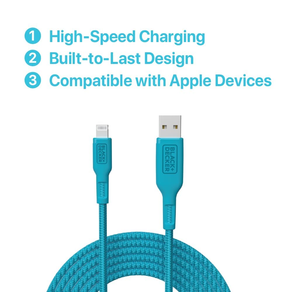BLACK+DECKER Lightning to USB Cable - Fast Compatible iPhone Lightning Cable - Durable Braided iPhone Charger Cord - for Travel and Daily Use - Multiple Color + Length Options - 9ft