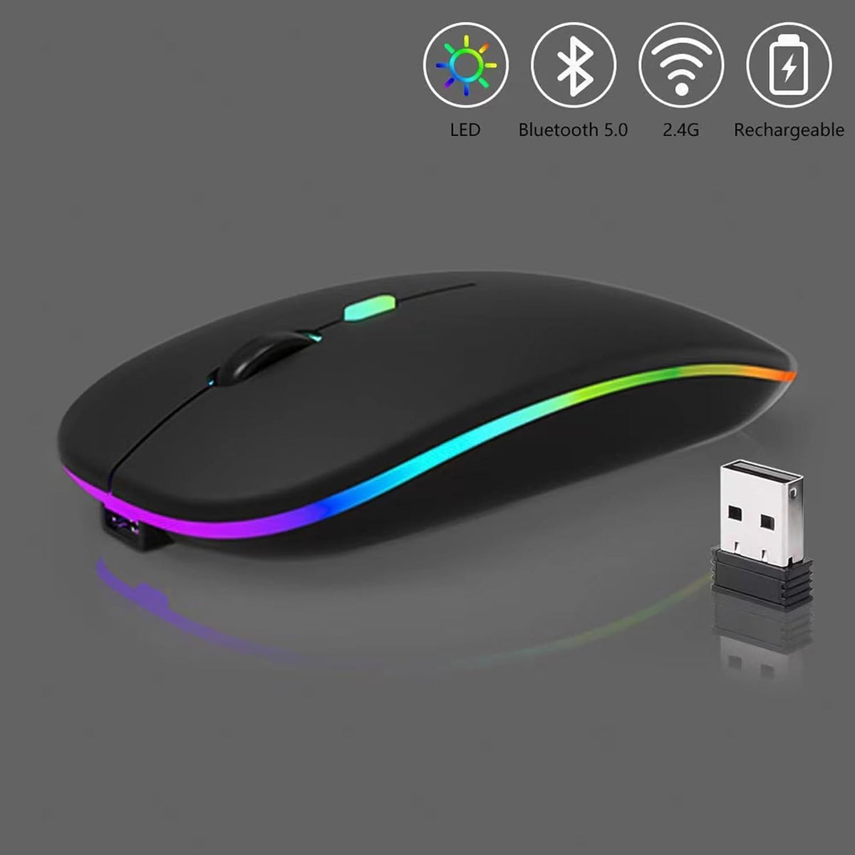 Wireless Bluetooth Mouse, LED Dual Mode Rechargeable Silent Slim Laptop Mouse, Portable (BT5.2 + USB Receiver) Black