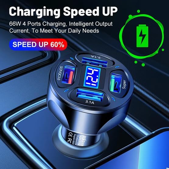 66W 4 Ports USB Cigarette Lighter Adapter, Fast Charging Adapter with Voltage Monitor LED Display, Compatible with