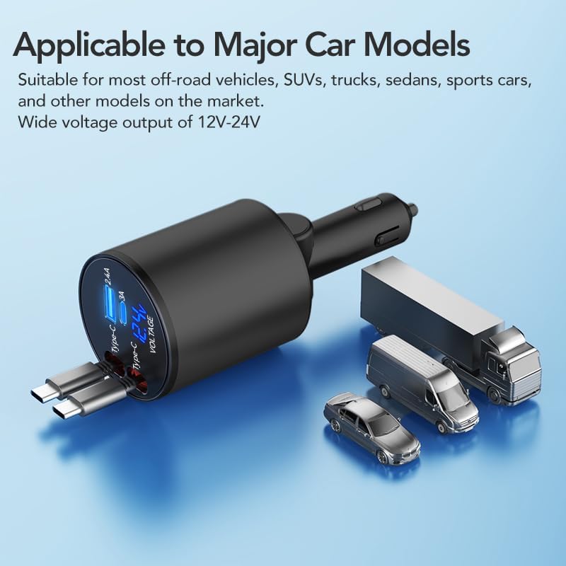 Retractable Car Charger, 4 in 1 Super Fast Car Phone Charger 60W, 2 Retractable Cables and 2 USB Ports Car Charger Adapter,Compatible with iPhone 16/15/14/13/12/11,Air-Pods 4,Galaxy,Pixel