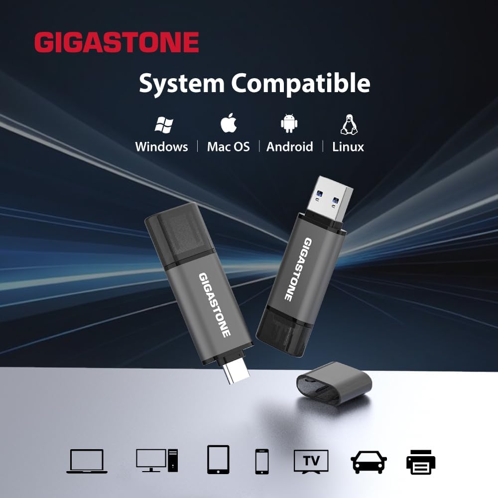 GIGASTONE 64GB Dual Flash Drive (2 Pack) Z40 USB 3.2 Gen 1, 2-in-1 Type-A & Type-C, 100MB/s Ultra Fast, Head Cap Design, Plug & Play for Smartphone/PC/Mac/TV/Car Audio, USB 2.0/3.0/3.1 Compatible