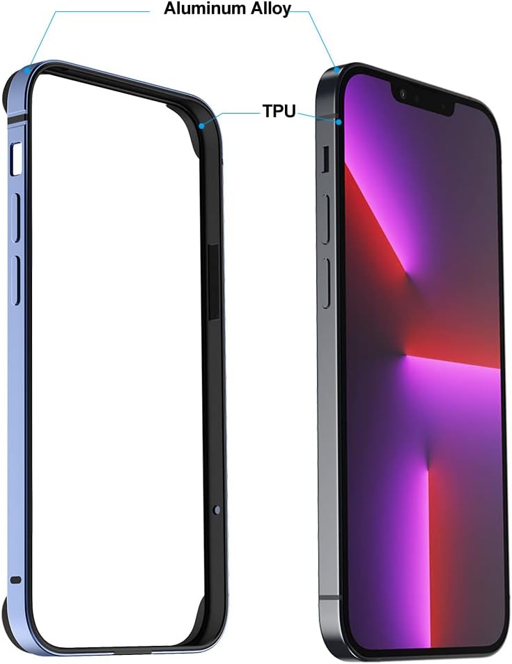 Slim Metal Bumper Case for iPhone 14/13/13 Pro, Metal Bumper Cover with Soft TPU Inner [No Signal Interference][Support