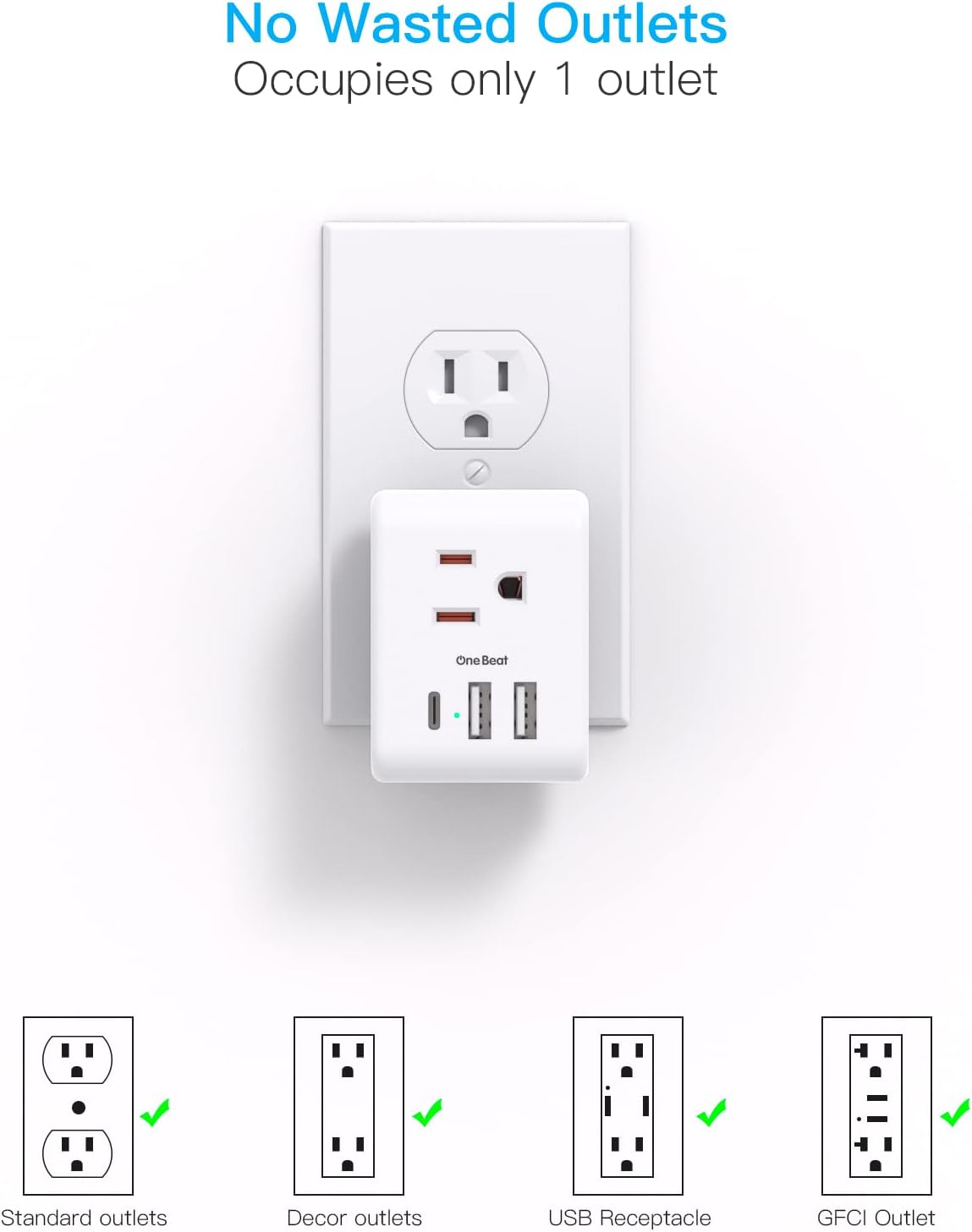 Multi Plug Outlet Extender, Non Surge Protector Electric Outlet Splitter with 3 USB Wall Charger (1 USB C) for