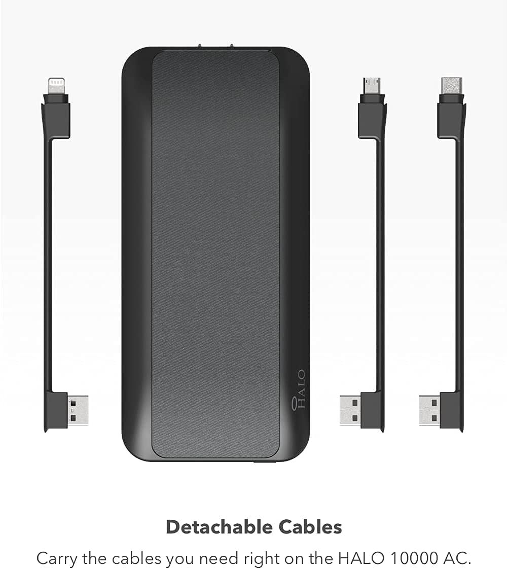 HALO 10000 AC, 10,000mAh Internal Battery with Built-in AC Wall Plug & Charging Cables, Black