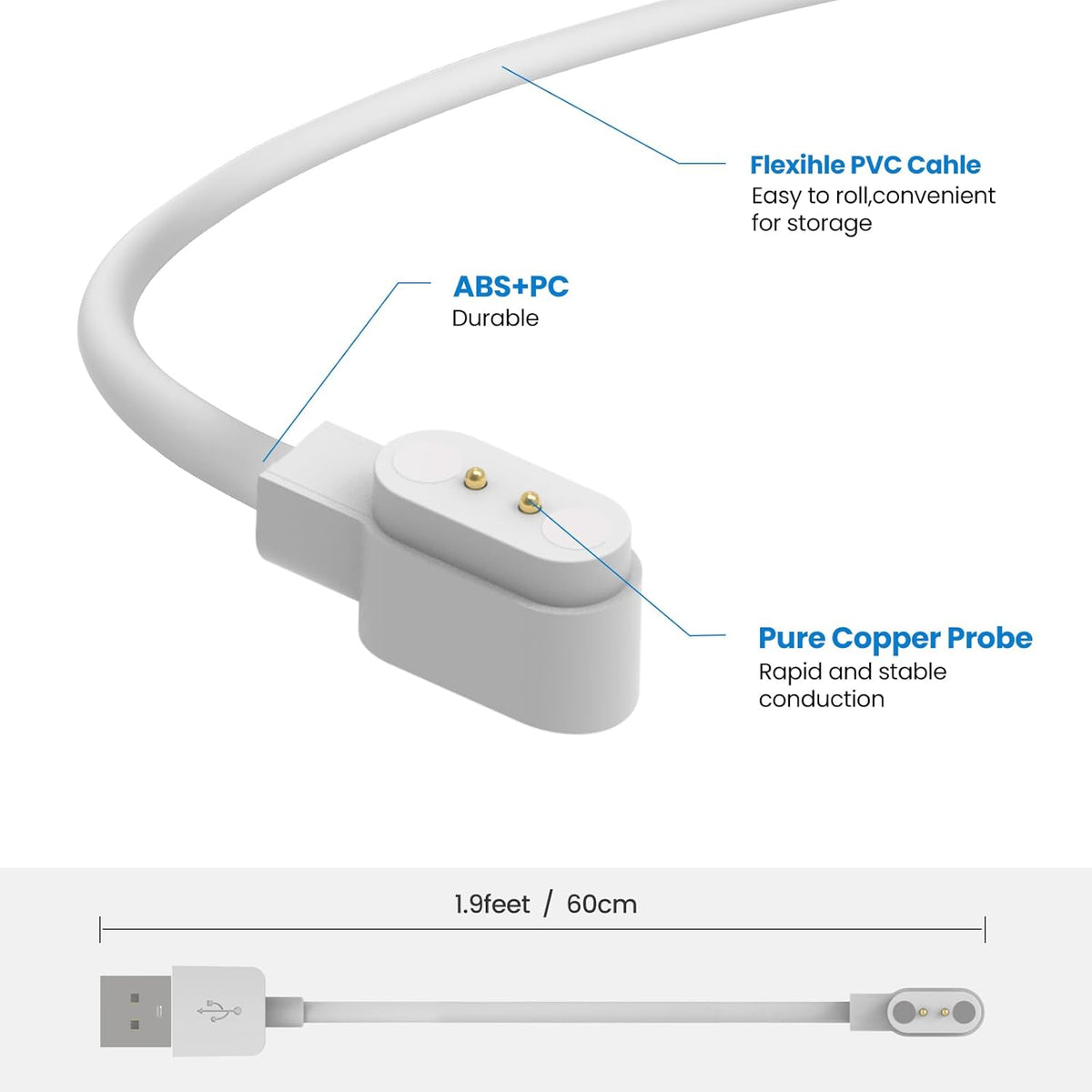 Replacement Charger for SKG V7 Pro / V7 Watch, 1.9ft USB Magnetic Charging Cord (White&White)