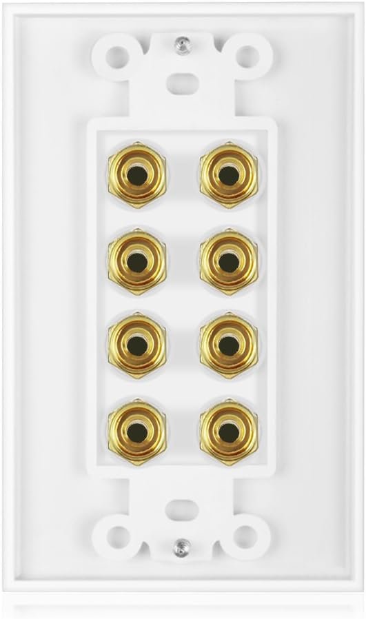Banana Binding Post Two-Piece Coupler Inset Wall Plate for 4 Speakers, Standard Single Gang White