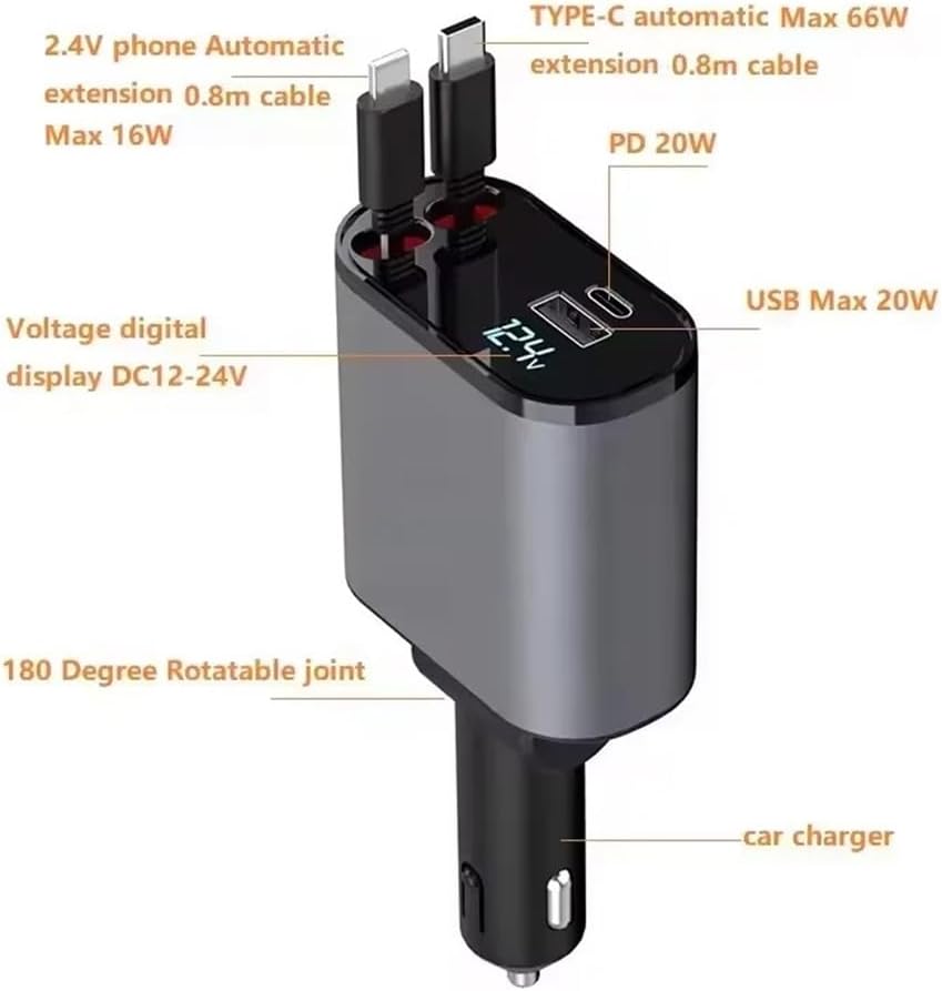 Retractable Car Charger, 4 in 1 Fast Charge Adapter 100W, Retractable Cables for iPhone & Type-C