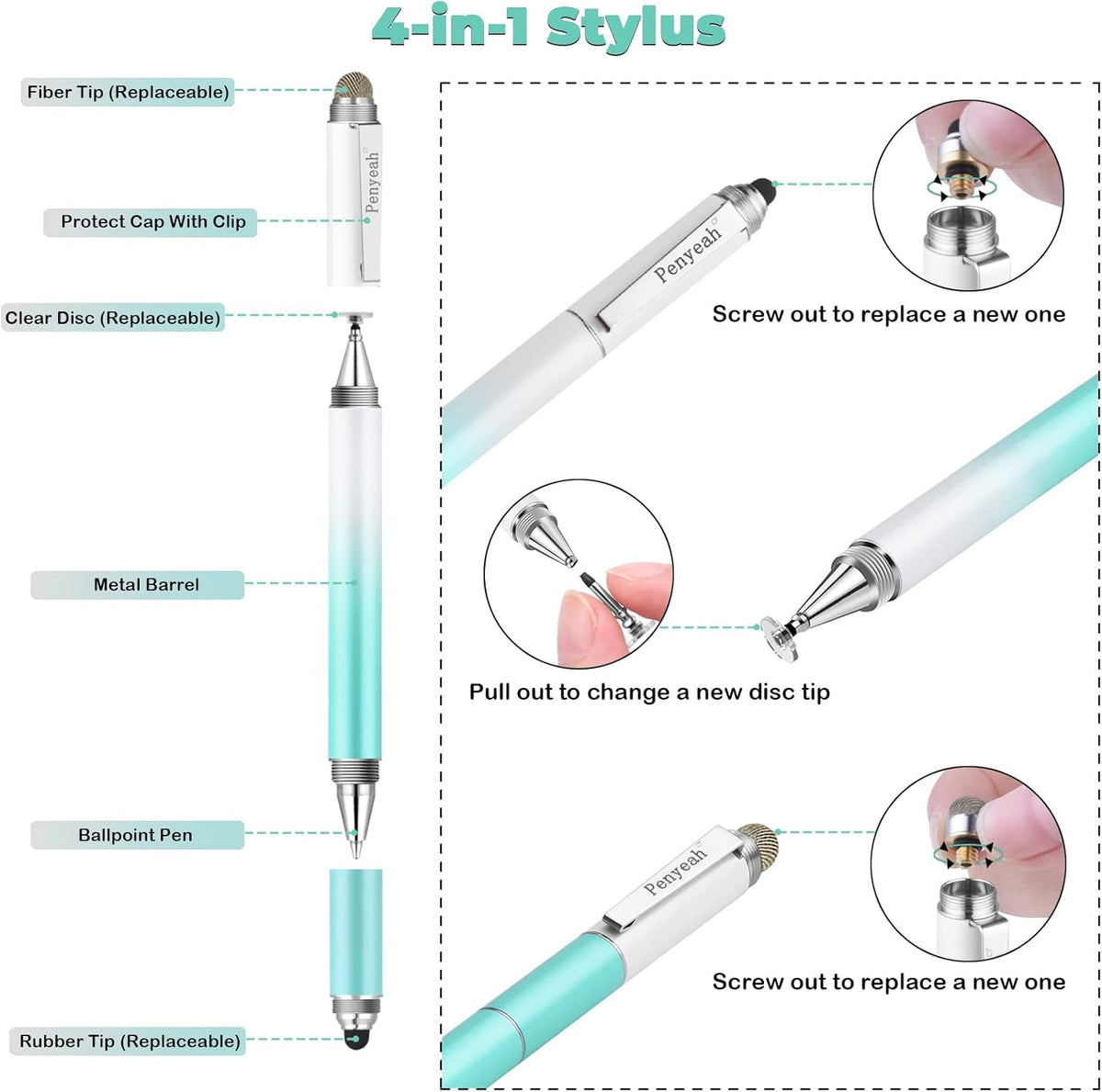 Penyeah Capacitive Stylus Pen (4 in 1),Universal Touch Screens Stylus Pen for iPad/Pro/iPhone/Android Phone/Samsung/Fire/Tablets and All Capacitive Touch Screens-Dream Blue
