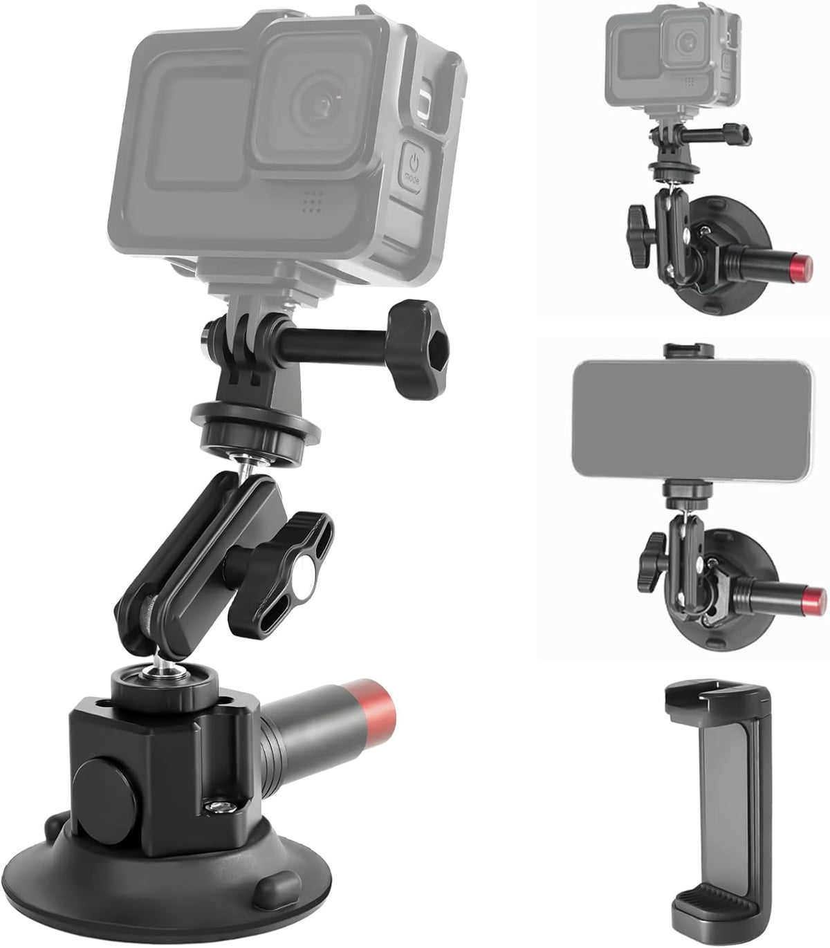FIFIELD 3inch Suction Cup Camera Mount with Ball Head Magic Arm, 1/4" ARRI Holes, Quick Release Car Mount with Phone Holder & Action Camera Adapter Compatible with DJI OSMO Pocket 3 Insta360 iPhone