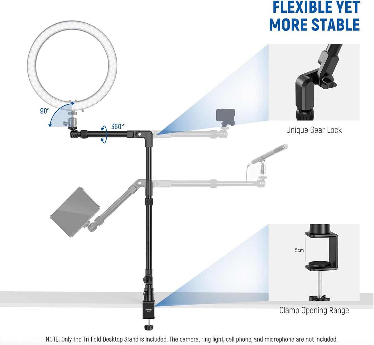 NEEWER 45.5" Overhead Camera Desk Stand, Aluminum 4 Section Magic Mic Boom Arm with C Clamp Mount Phone Holder, for Webcam LED Light Microphone Streaming Zoom Video Recording, Max Load 4.41lb, DS023