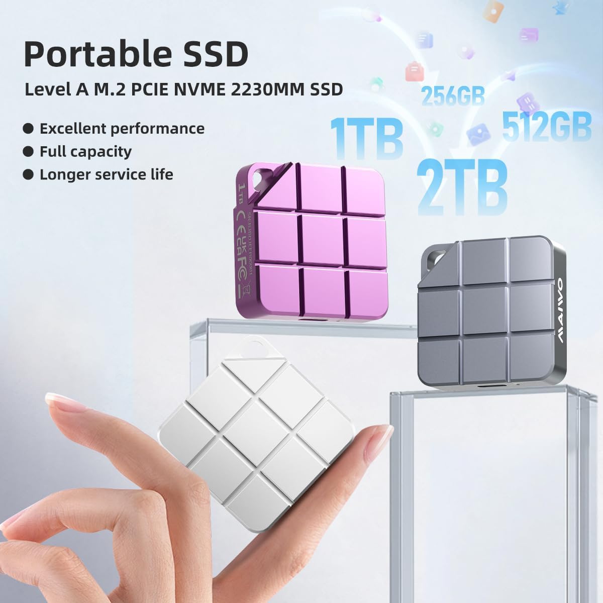 MAIWO 2TB Portable SSD External Solid State Drive, USB 3.2 GEN 2 Type-C Up to 1050MB/s, Mini PSSD for iPhone 15 Pro Max MacBook Pro PS5, Aluminum (Silver)