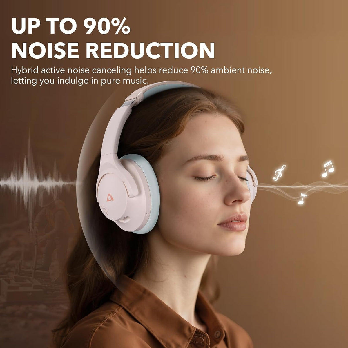 1Mii Y8+ Noise Cancelling Headphones Bluetooth, Wireless LDAC Hi-Res Audio, Custom EQ via App, 75H Playtime, Comfort Fit, Over Ear Headphones Foldable for Airplane Travel Home Office Beige Cyan