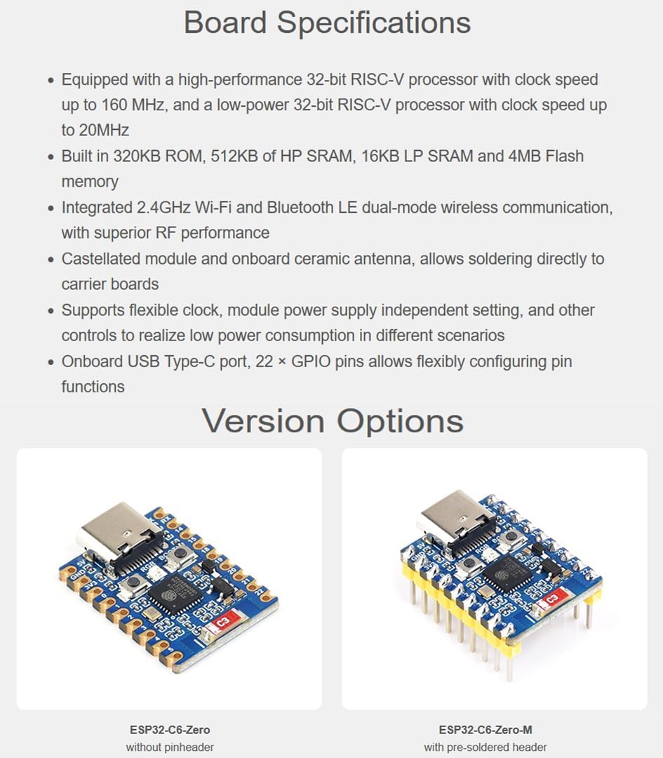 ESP32 Development Board ESP32-C6, Mini Board, Dual Processors, 2.4GHz WiFi 6 & Bluetooth 5